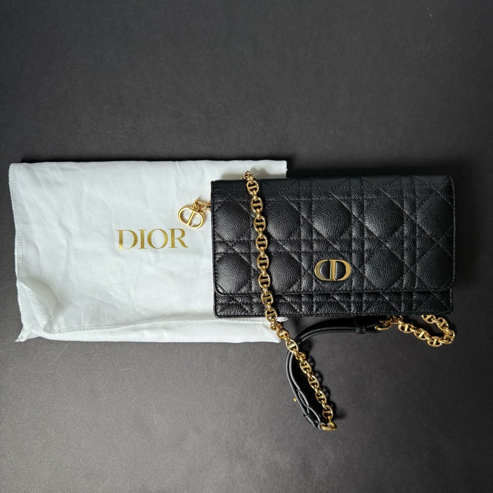Dior Caro Black Quilted Cannage Wallet Belt Bag with Gold Chain